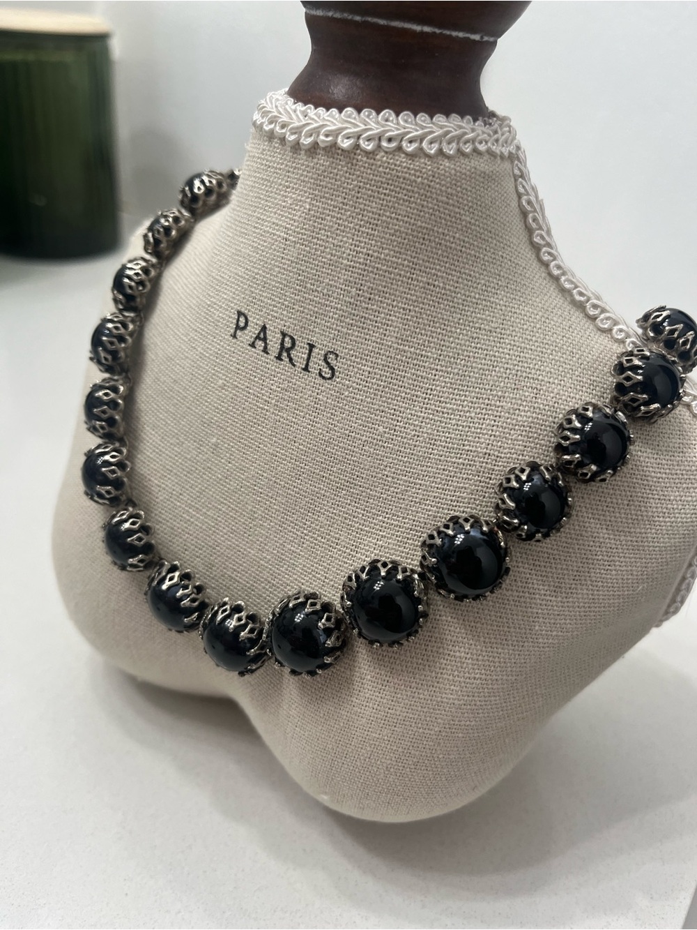 Antique 1950s Christian Dior by Kramer Black Bead Necklace w Filigree